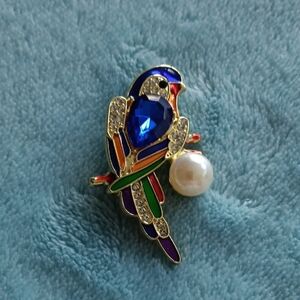 Blue and Red Bird Brooch with Intricate Metalwork